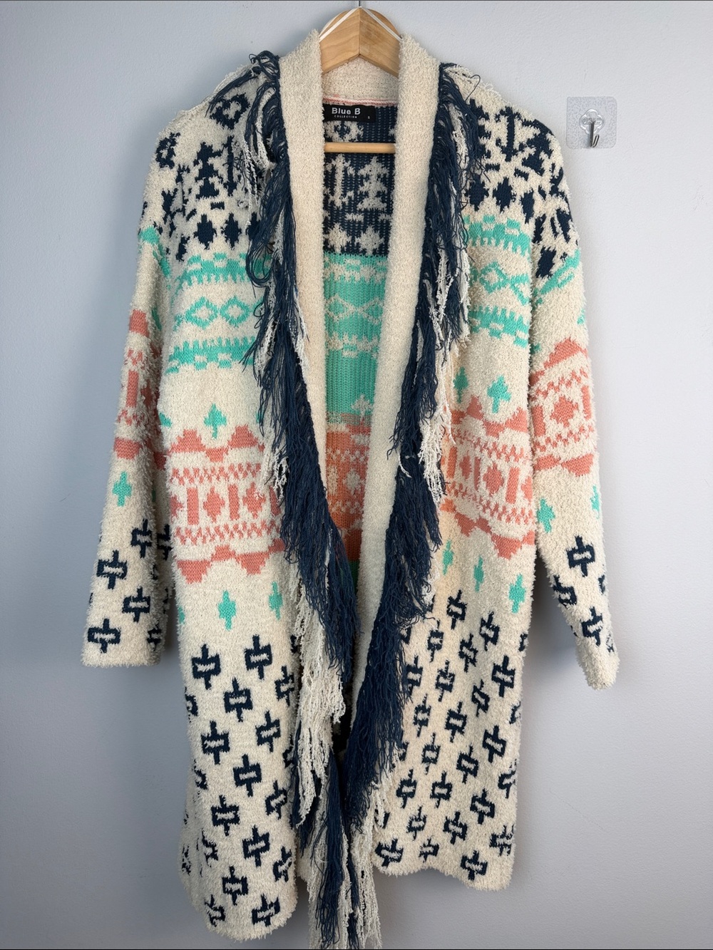 Blue B Cozy Aztec Cardigan Blanket Sweater Oversized Small Long Length Bohemian - Picture 8 of 16